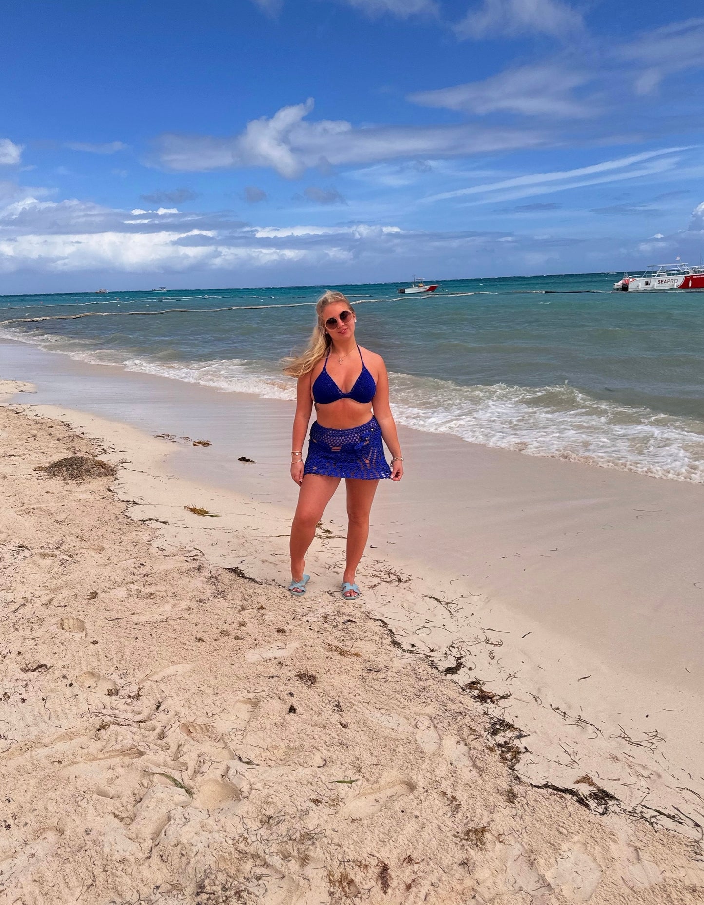 BLUE CROCHET BIKINI AND SKIRT